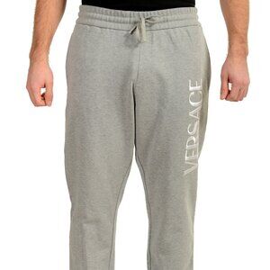 Versace Men's Gray White Logo Embroidered Sweat Track Pants US 4XL IT 60